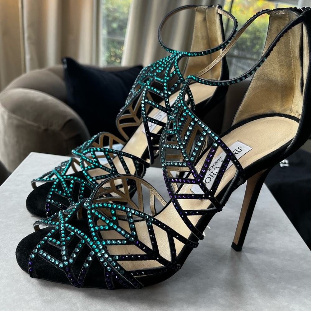 Jimmy Choo Black and Teal Strappy Heels - Picture 2 of 4